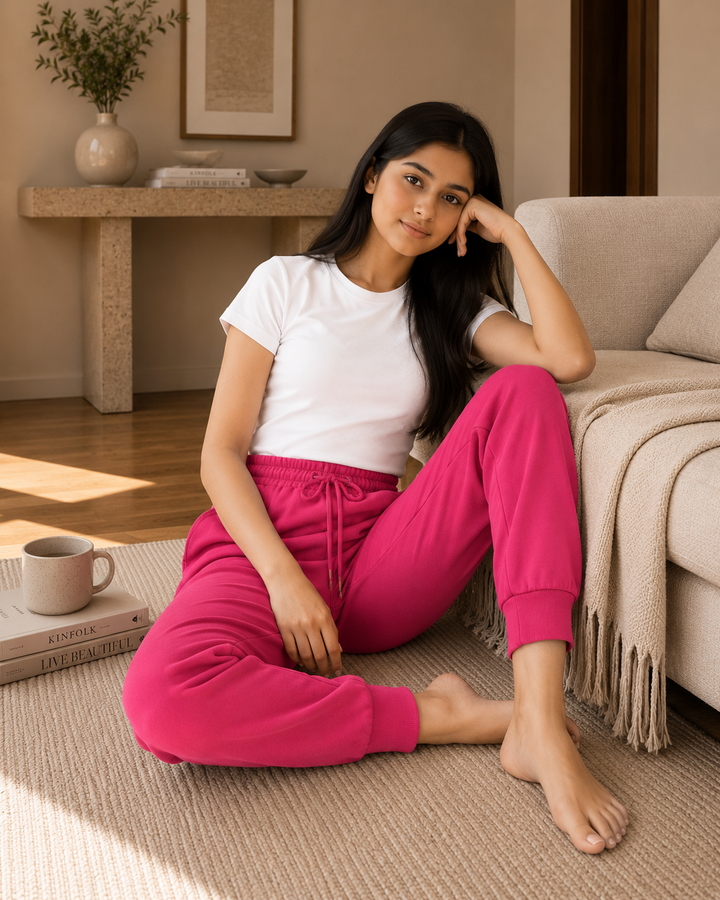 GHAR Jogger Pant – 100% Cotton | 260 GSM Loop Knit - FUCHSIA PINK