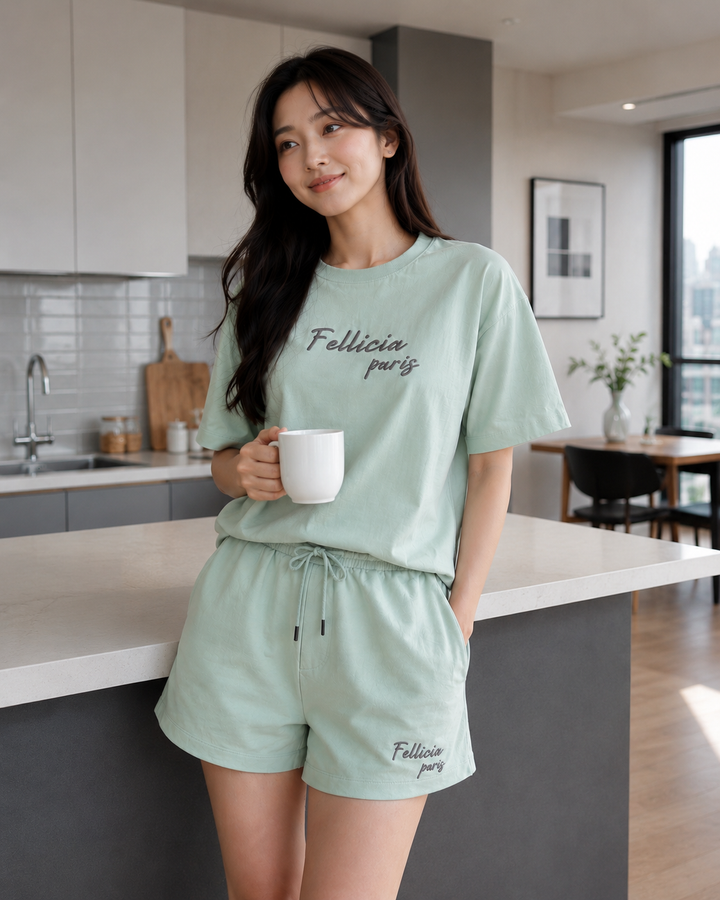 100% Cotton Loop Knit Tee & Shorts Co-ord Set -MINT