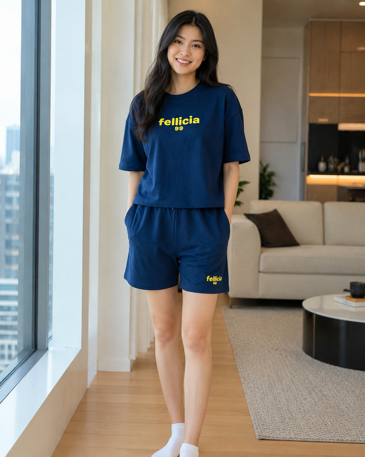100% Cotton Loop Knit Tee & Shorts Co-ord Set -NAVY BLUE