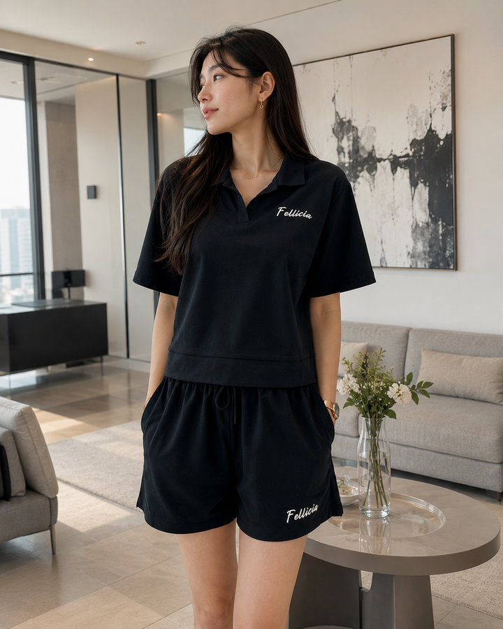100% Cotton Loop Knit POLO & Shorts Co-ord Set - BLACK