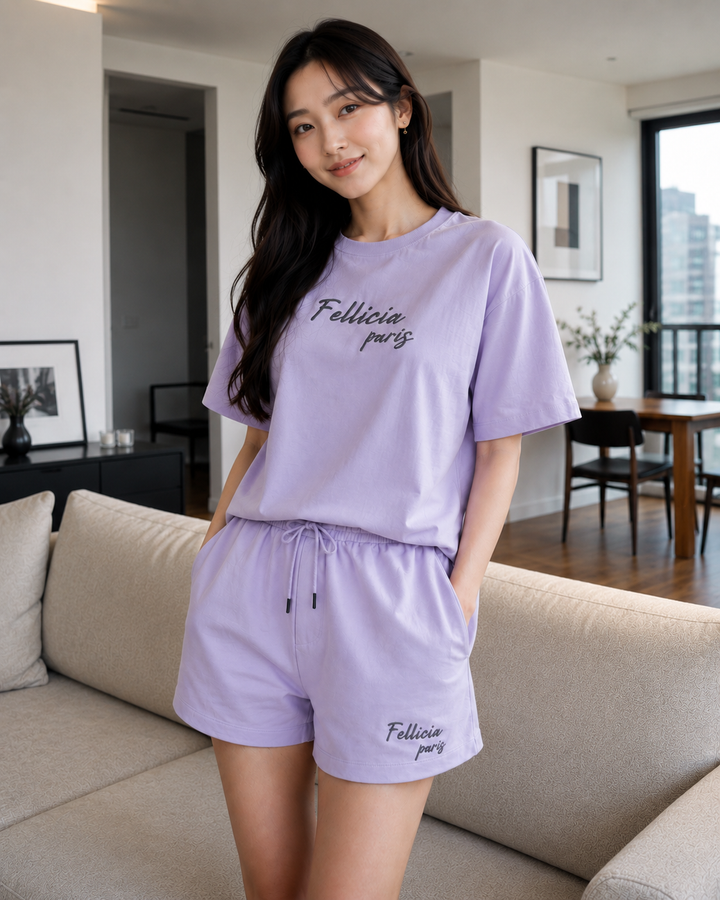 100% Cotton Loop Knit Tee & Shorts Co-ord Set - LILAC