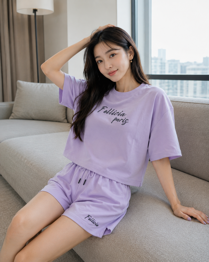 100% Cotton Loop Knit Tee & Shorts Co-ord Set - LILAC