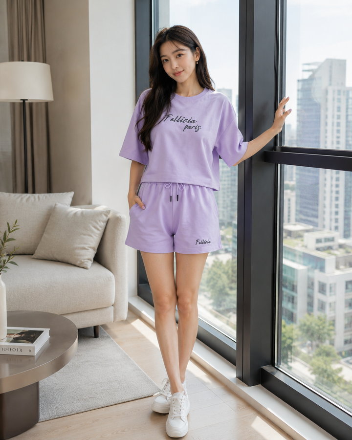 100% Cotton Loop Knit Tee & Shorts Co-ord Set - LILAC