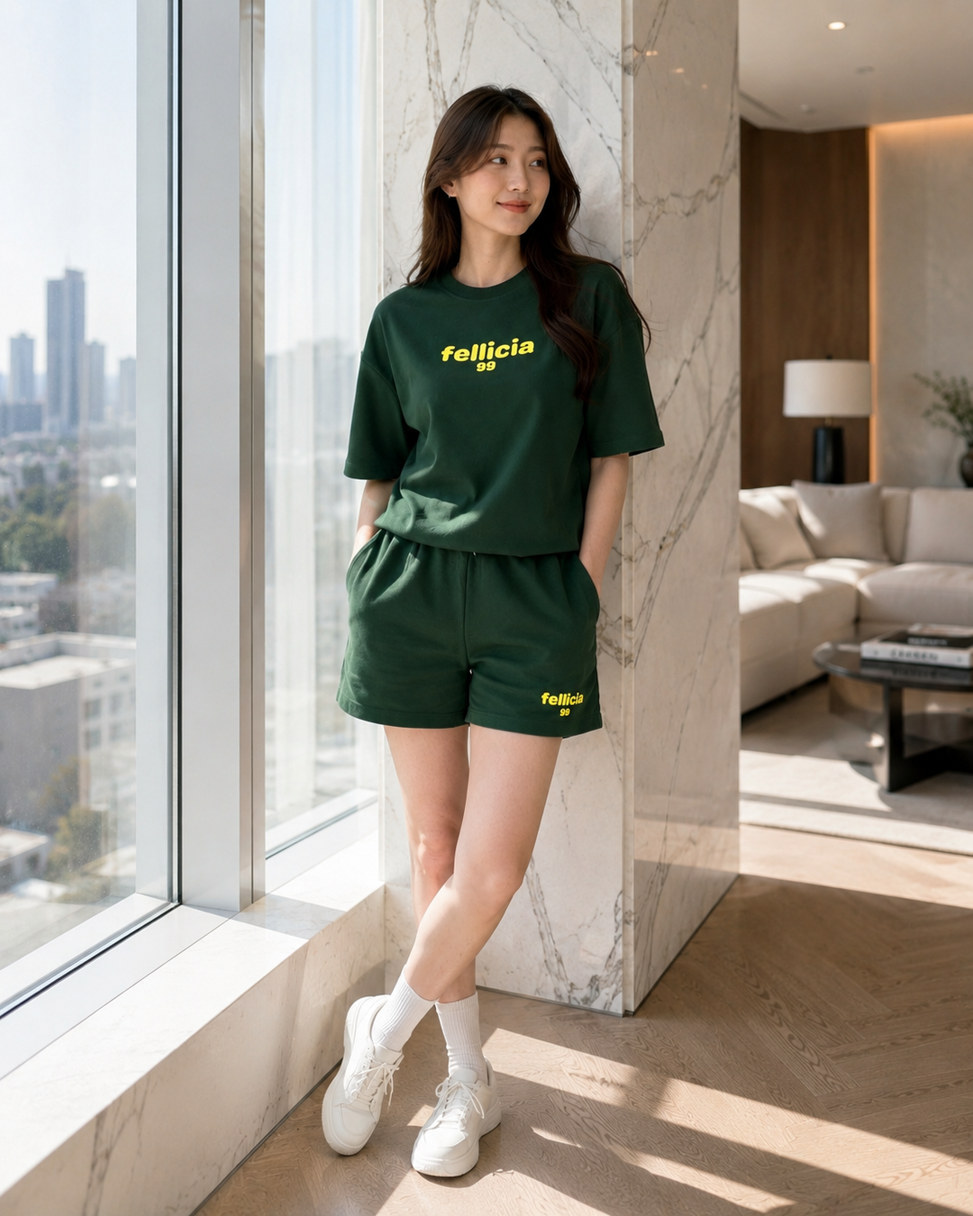 100% Cotton Loop Knit Tee & Shorts Co-ord Set - OLIVE GREEN