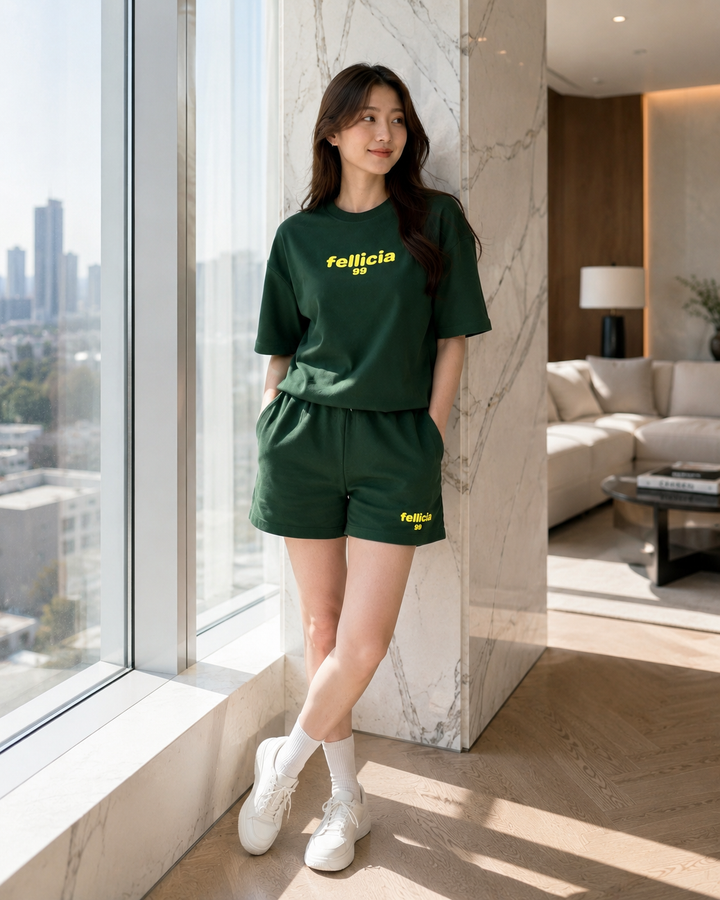 100% Cotton Loop Knit Tee & Shorts Co-ord Set - OLIVE GREEN