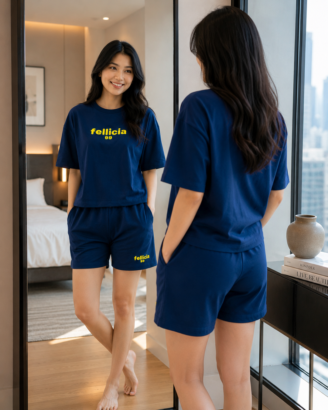 100% Cotton Loop Knit Tee & Shorts Co-ord Set -NAVY BLUE