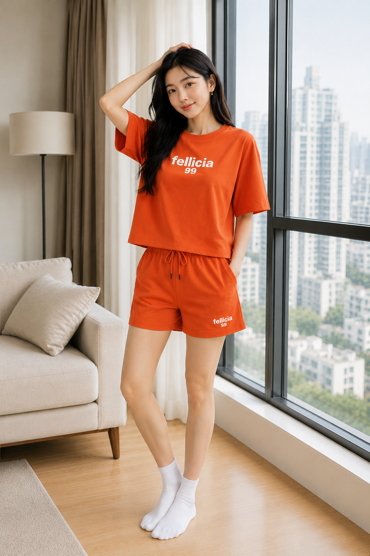 100% Cotton Loop Knit Tee & Shorts Co-ord Set - ORANGE