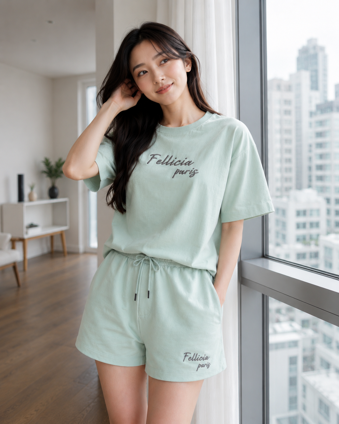 100% Cotton Loop Knit Tee & Shorts Co-ord Set -MINT