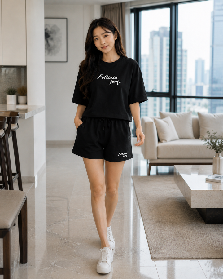100% Cotton Loop Knit Tee & Shorts Co-ord Set - Black