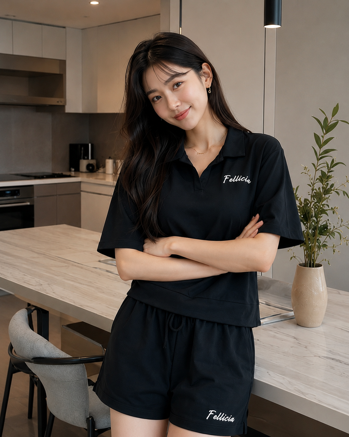 100% Cotton Loop Knit POLO & Shorts Co-ord Set - BLACK