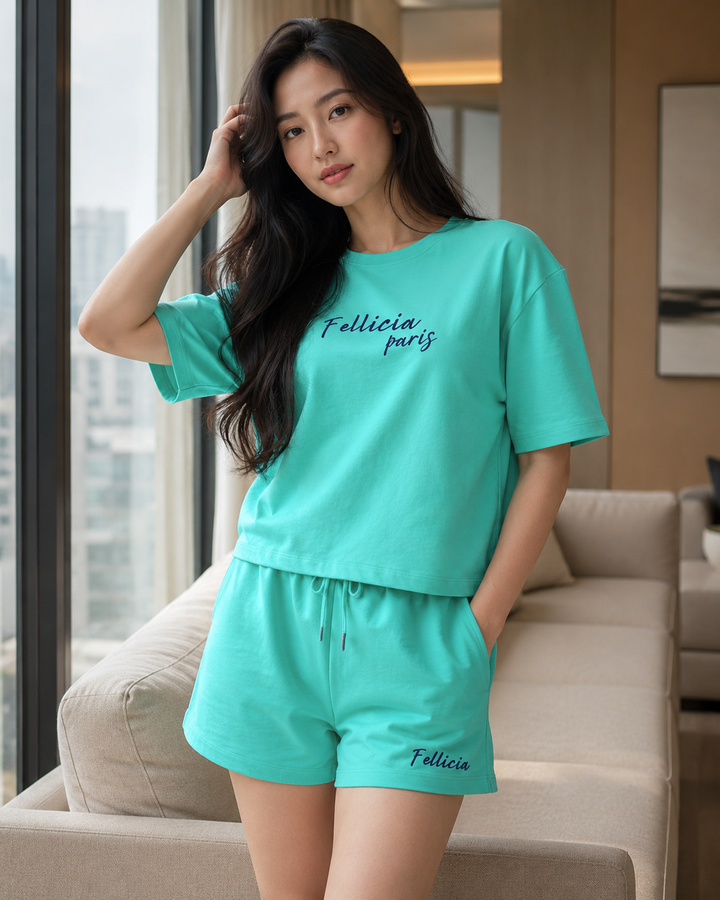 100% Cotton Loop Knit Tee & Shorts Co-ord Set - CORAL