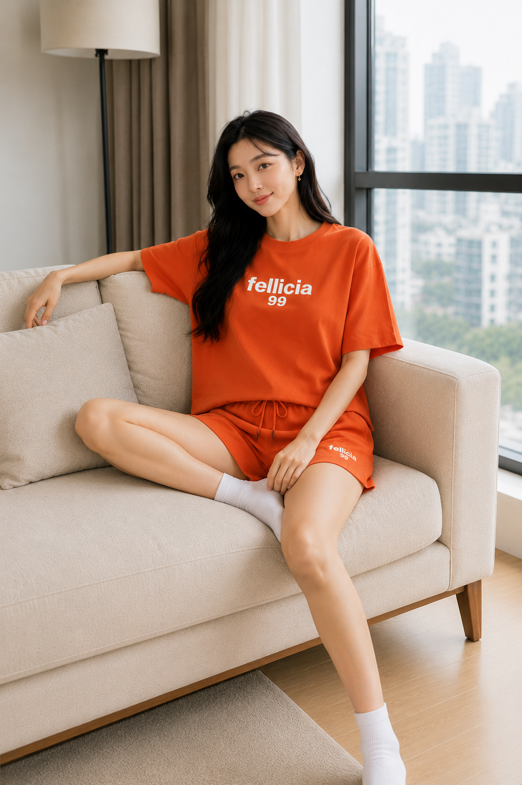 100% Cotton Loop Knit Tee & Shorts Co-ord Set - ORANGE