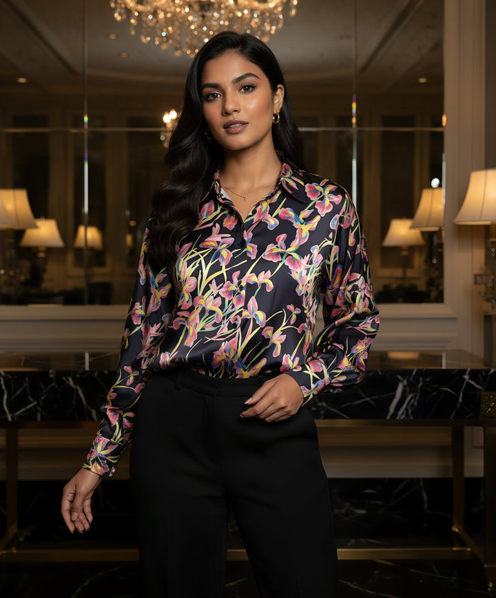Women Satin Partywear Shirt – Lavender Noir