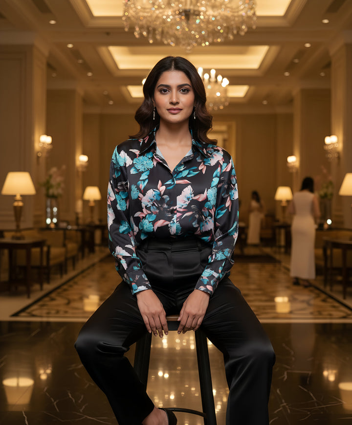 Women Satin Partywear Shirt – Moon Blossom
