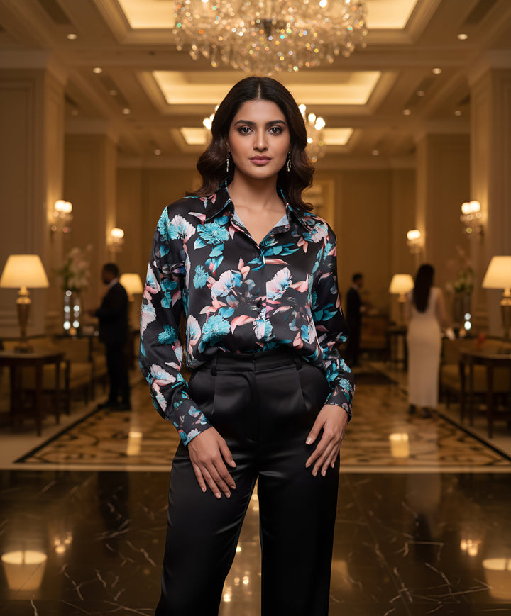Women Satin Partywear Shirt – Moon Blossom