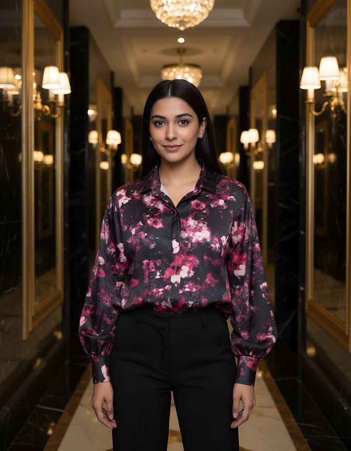 Women Satin Partywear Shirt – Berry Eclipse
